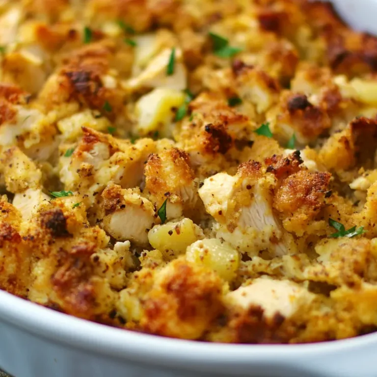 Classic Chicken Dressing Recipe: Step-by-Step Guide 12 A golden, crispy casserole with pieces of chicken and stuffing, garnished with fresh parsley, showing the top of the dish.