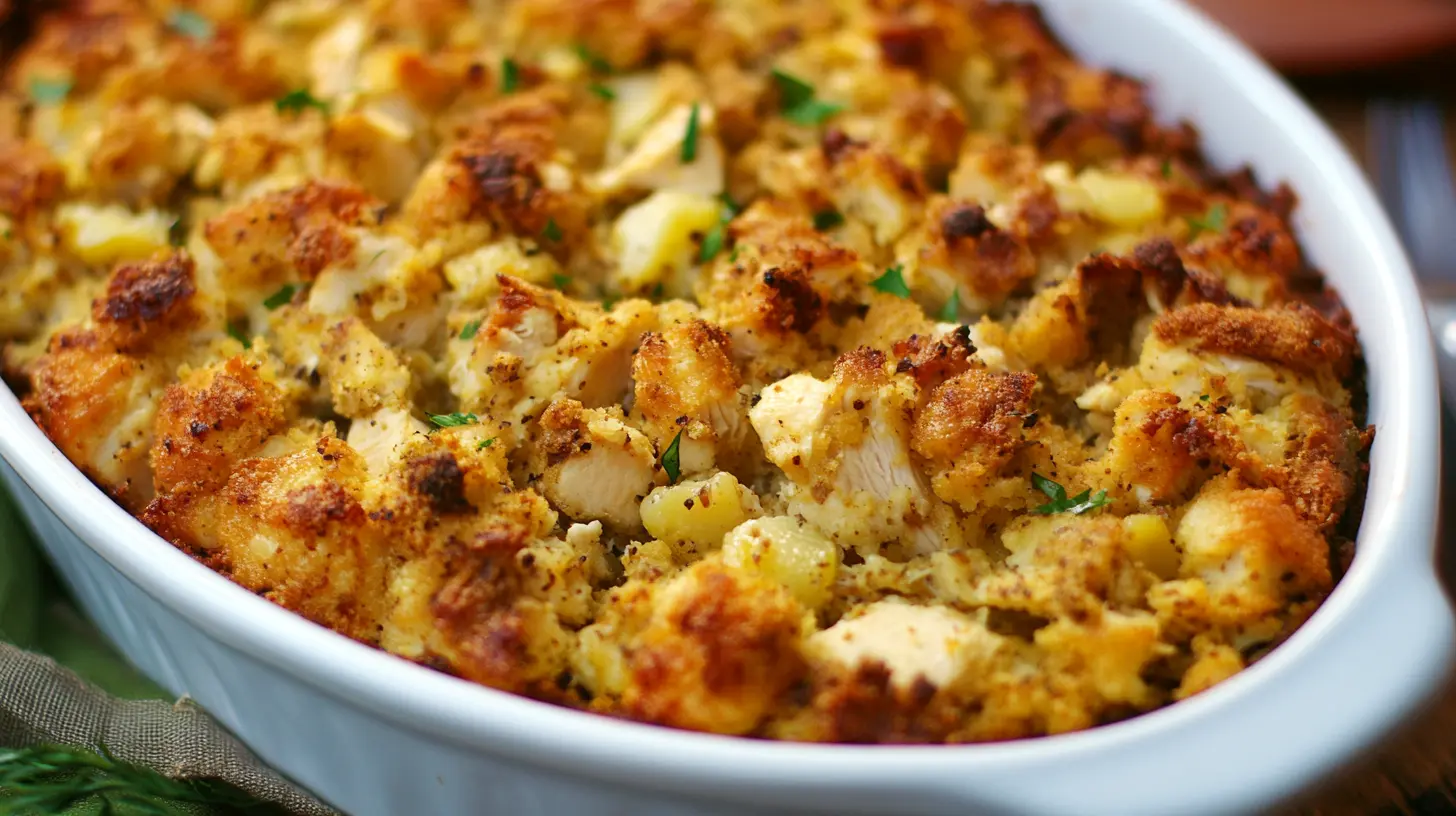 Classic Chicken Dressing Recipe: Step-by-Step Guide 5 A golden, crispy casserole with pieces of chicken and stuffing, garnished with fresh parsley, showing the top of the dish.