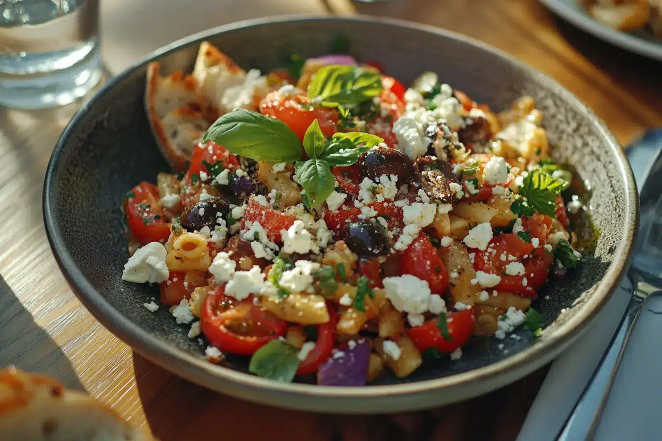 Does Costco Have Deli Salads? 6 A plated Costco pasta salad with olives, feta cheese, and basil, served with garlic bread.