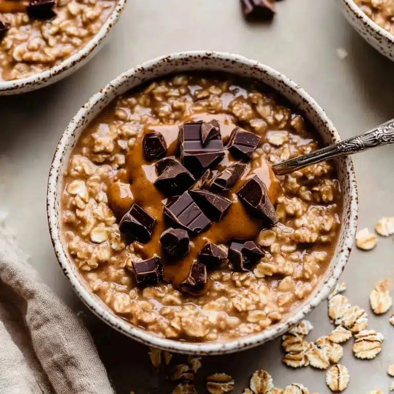 Chocolate Peanut Butter Protein Oatmeal 15 Warm, comforting bowl of oatmeal topped with peanut butter and chunks of dark chocolate, served with a spoon