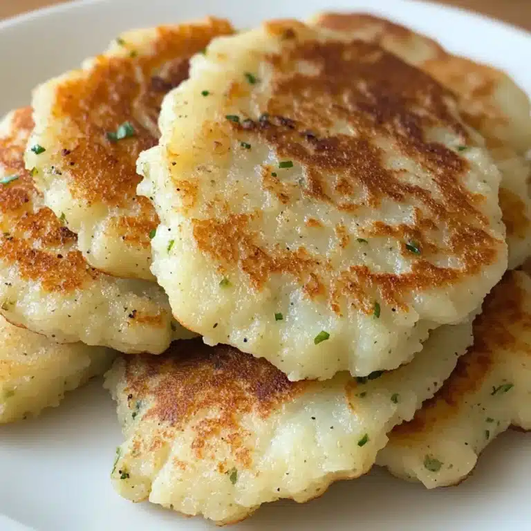 Amish Potato Pancakes 19 Golden brown Amish potato pancakes with crispy edges and a soft, fluffy center, garnished with fresh herbs and served on a white plate.