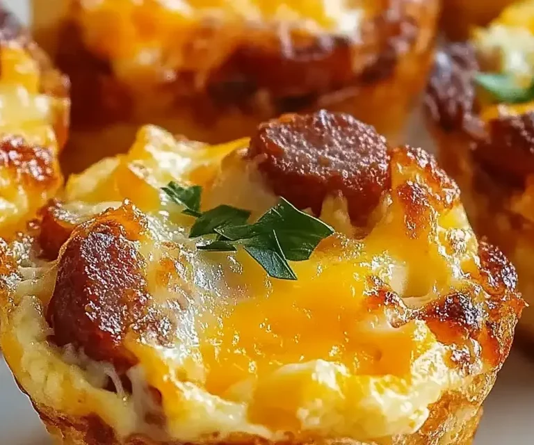 Sausage, Egg, and Cheese Cups: A Simple, Delicious Breakfast 10 A close-up image of baked egg muffins topped with melted cheese and sausage slices, garnished with parsley.