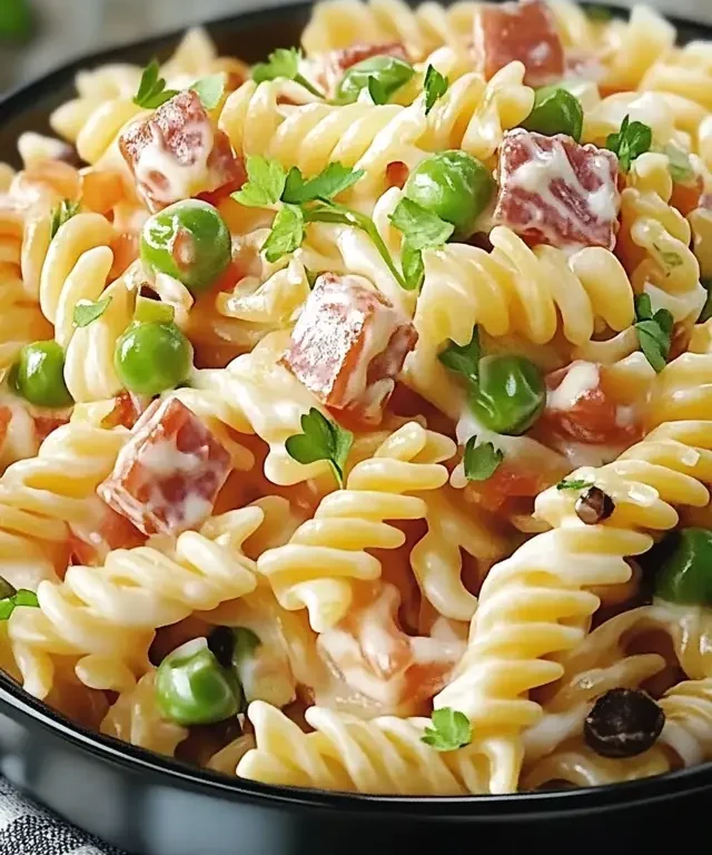 Ruby Tuesday Pasta Salad 5 A close-up shot of creamy pasta with green peas, ham cubes, and fresh parsley garnished in a black bowl.