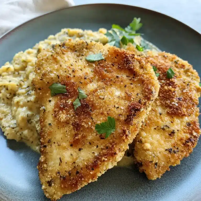 Crispy Baked Chicken Cutlet Recipes: Italian-Style Perfection 6 Two crispy baked chicken cutlets garnished with parsley, served over a creamy risotto-style dish on a dark plate.
