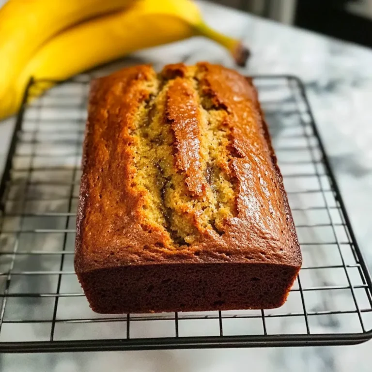 Easy Cake-Mix Banana Bread 14 A golden-brown banana bread loaf cooling on a wire rack with bananas in the background.