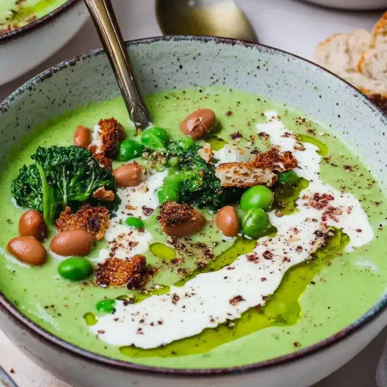 High Protein Vegan Soup Recipes for a Healthy Meal 15 A bowl of green soup with white beans, peas, kale, and crispy bread pieces, drizzled with cream and olive oil.