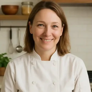 About me 1 A smiling female chef in a white coat standing in a modern kitchen with a plant and utensils in the background.