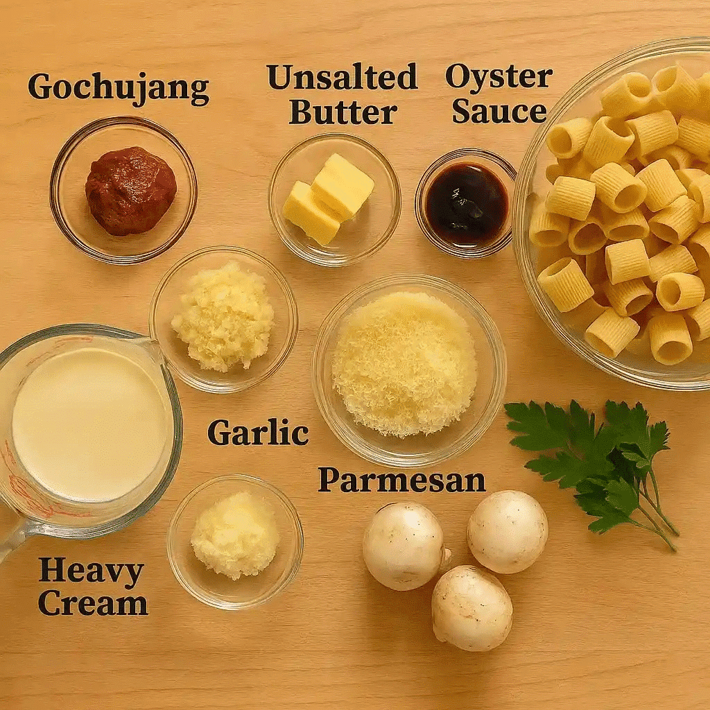 Creamy Gochujang Pasta A Spicy Comfort Food You’ll Love 14 Ingredients for making creamy gochujang pasta with cream, pasta, garlic, and Parmesan.