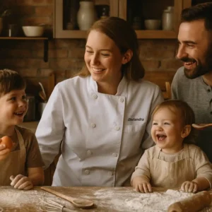 About me 2 A smiling female chef in a white coat standing in a modern kitchen with a plant and utensils in the background.