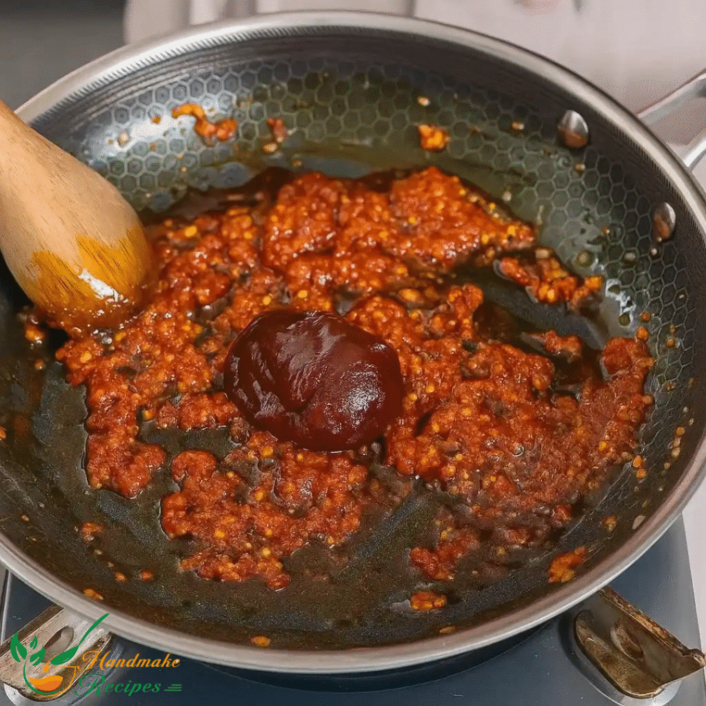 Creamy Gochujang Pasta A Spicy Comfort Food You’ll Love 16 Gochujang paste and garlic cooking in a pan for pasta sauce.