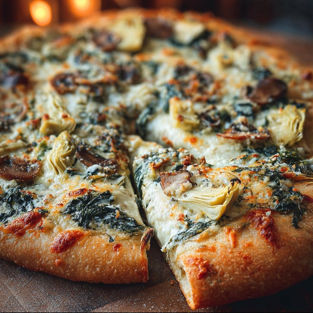 Spinach, Artichoke & Mushroom Pizza with Creamy Cheese Topping