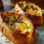 Image of Baked Egg Boats filled with eggs and toppings for a hearty breakfast