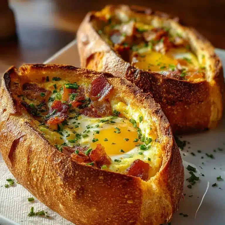 Image of Baked Egg Boats filled with eggs and toppings for a hearty breakfast