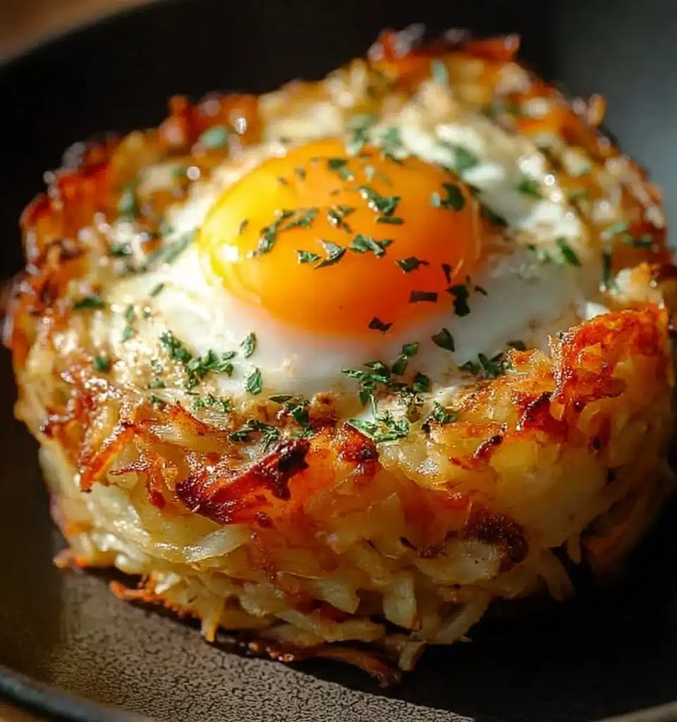 Baked Eggs Napoleon 4 Plate of Baked Eggs Napoleon served with herbs and spices.