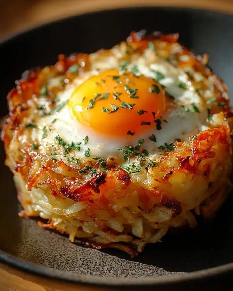 Baked Eggs Napoleon 3 Plate of Baked Eggs Napoleon served with herbs and spices.