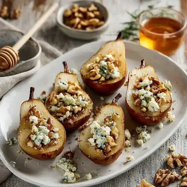 Blue Cheese Stuffed Pears 5 Delicious blue cheese stuffed pears on a wooden platter