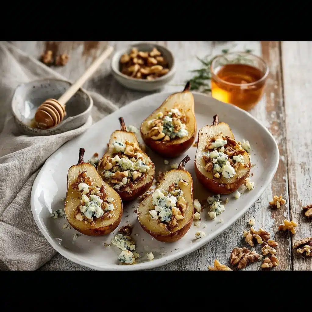 Blue Cheese Stuffed Pears 4 Delicious blue cheese stuffed pears on a wooden platter