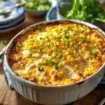 Delicious cheesy cream cheese corn casserole served in a baking dish