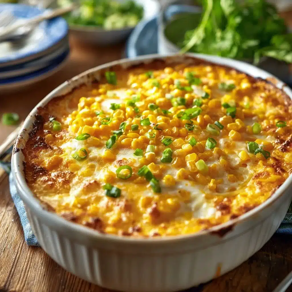 Delicious cheesy cream cheese corn casserole served in a baking dish
