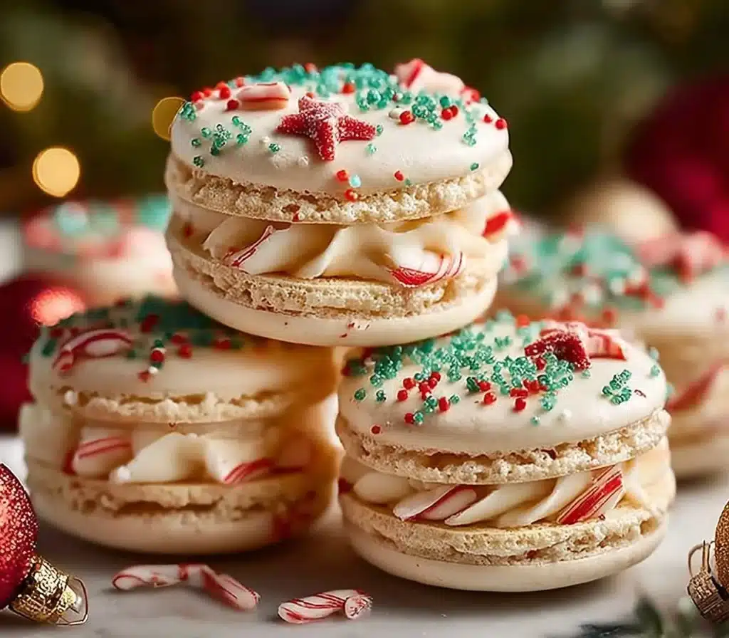 A festive Christmas Tree Cake Macaron decorated with green frosting and edible glitter.