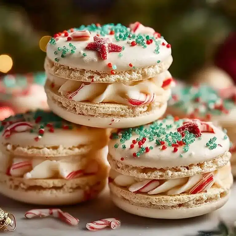 A festive Christmas Tree Cake Macaron decorated with green frosting and edible glitter.