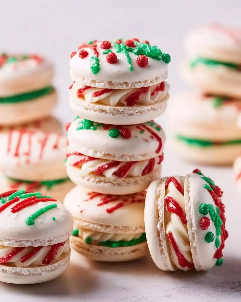 Christmas Tree Cake Macarons | Festive & Fun Recipe 3 Festive Christmas Tree Cake Macarons decorated with green and white icing