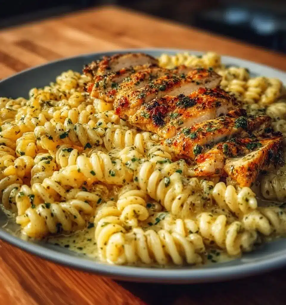 Creamy Garlic Parmesan Chicken Pasta 4 Creamy garlic parmesan chicken pasta served in a bowl, garnished with parsley.
