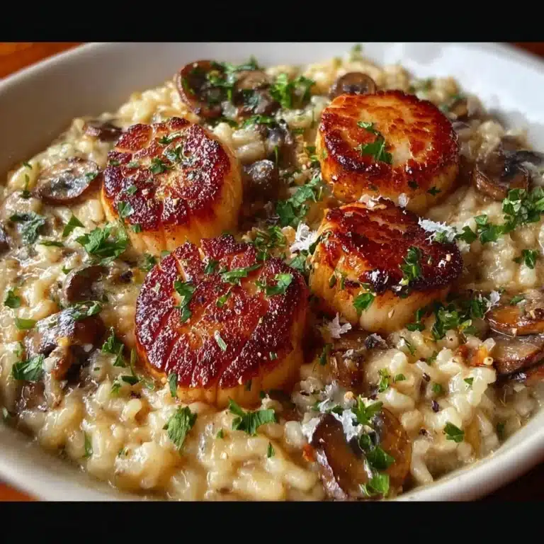 Creamy Mushroom Risotto with Seared Scallops 7 Creamy mushroom risotto with seared scallops garnish.