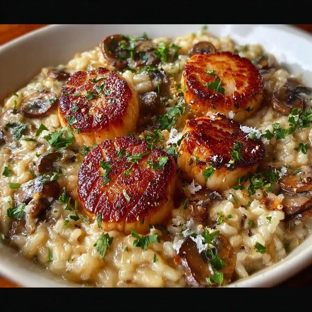 Creamy Mushroom Risotto with Seared Scallops 4 Creamy mushroom risotto with seared scallops garnish.