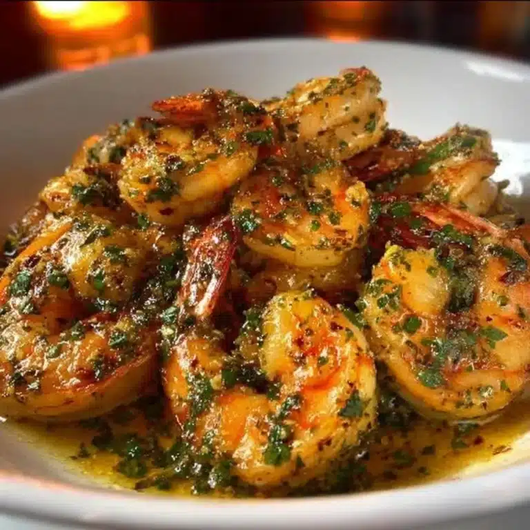 Garlic Butter Shrimp 9 Delicious garlic butter shrimp garnished with parsley on a plate