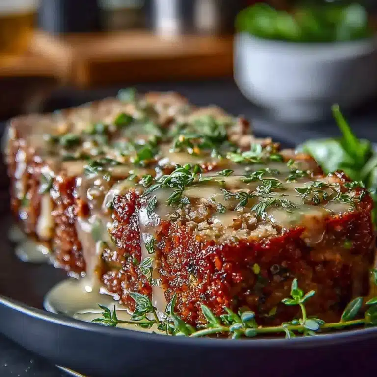 Garlic Parmesan Chicken Meatloaf 10 Delicious Garlic Parmesan Chicken Meatloaf served on a plate with herbs