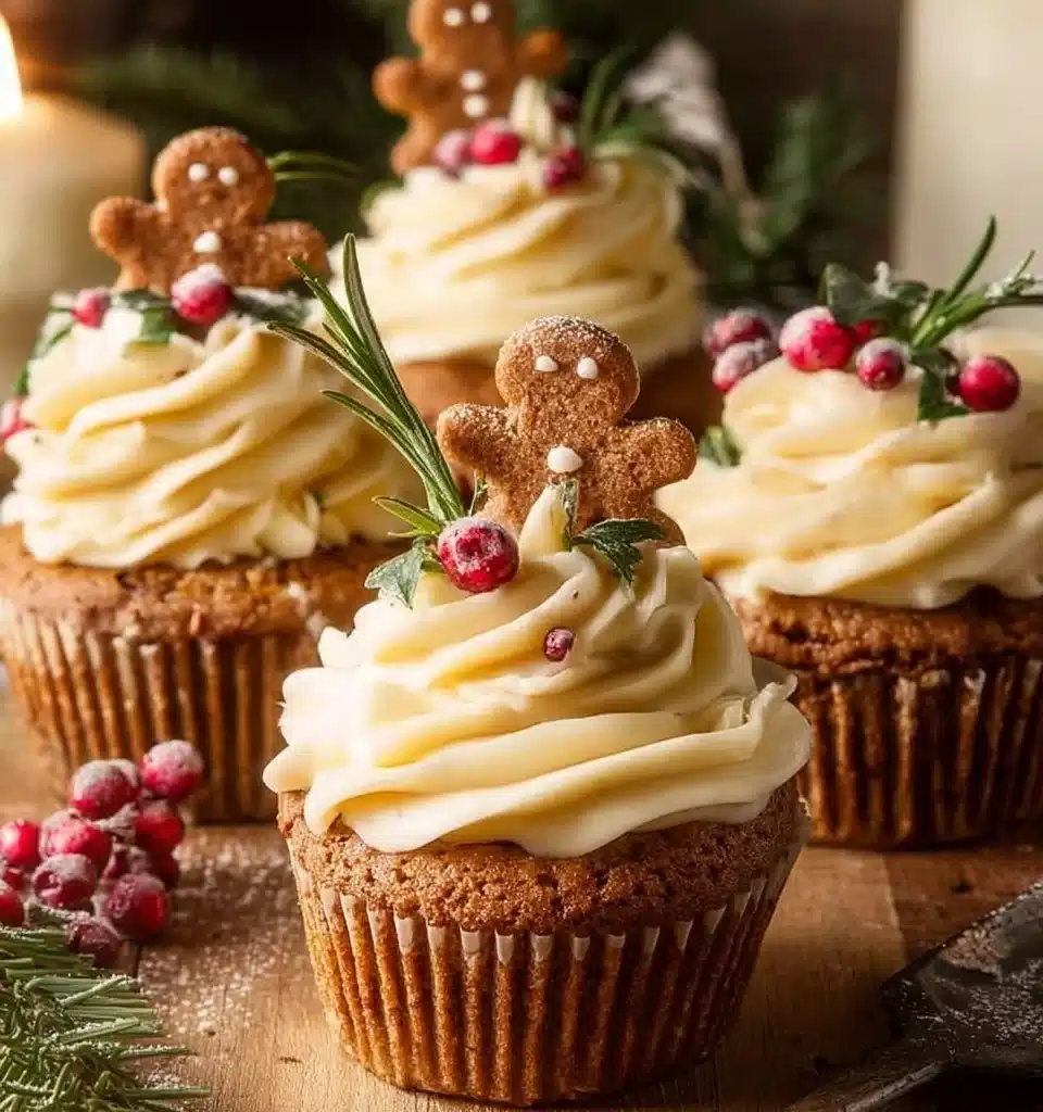Delicious homemade Gingerbread Cupcakes topped with creamy frosting