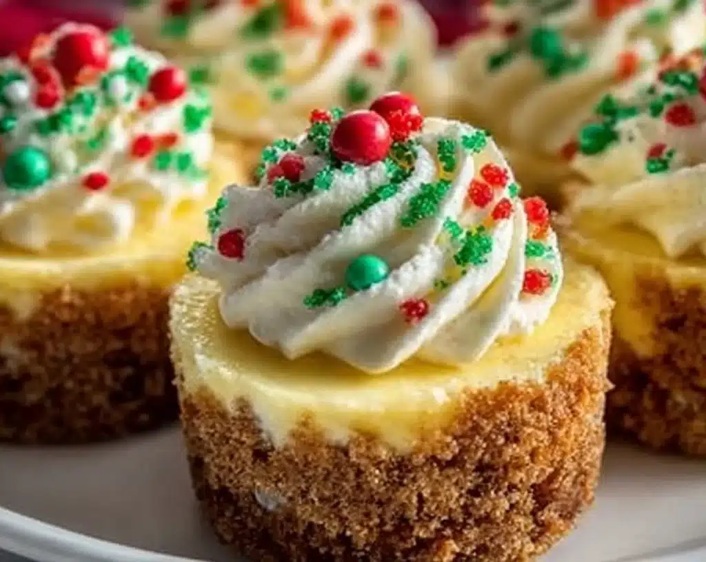 Mini Christmas Cheesecakes 4 Delicious Mini Christmas Cheesecakes topped with festive decorations.
