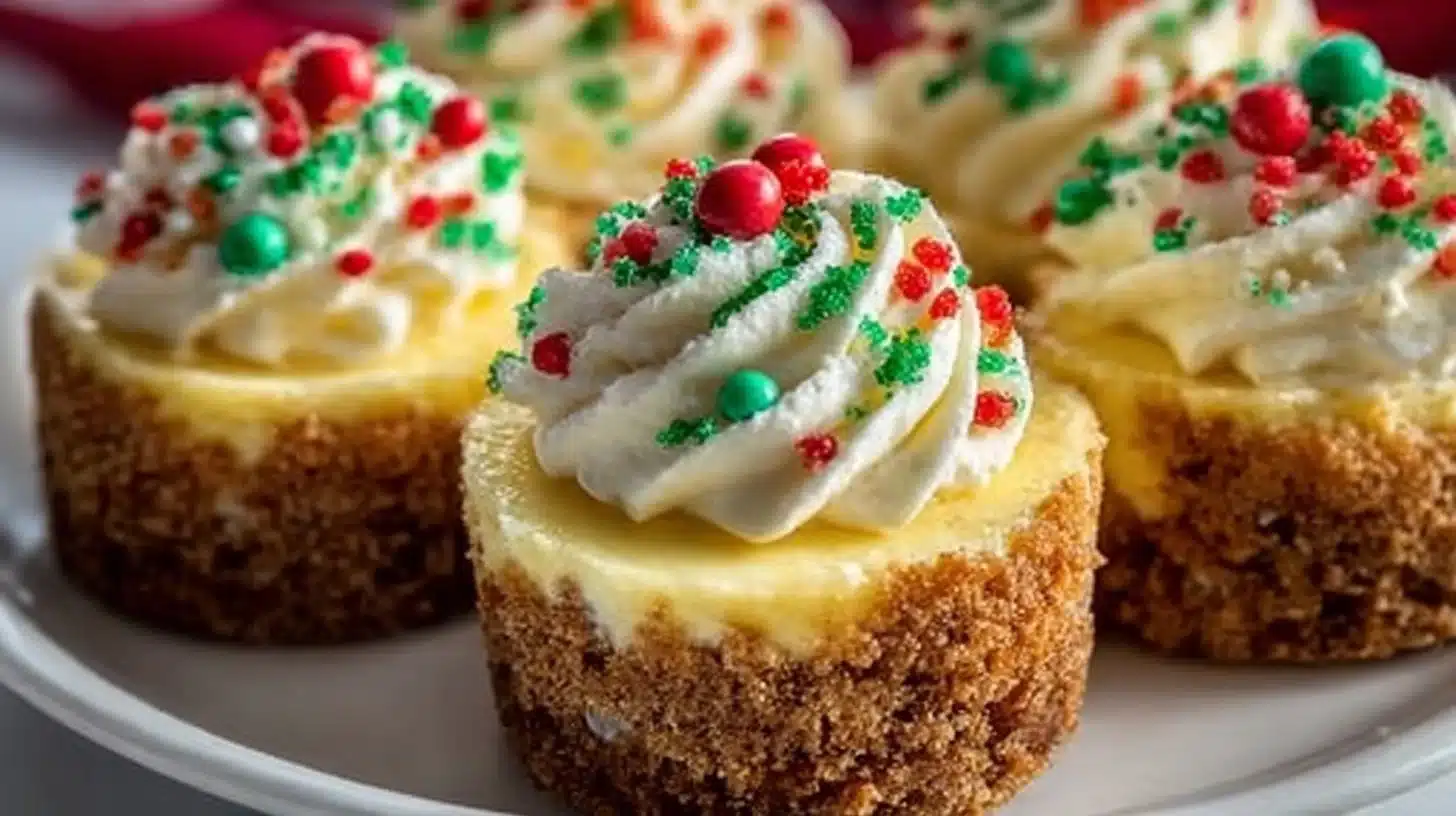 Mini Christmas Cheesecakes 3 Delicious Mini Christmas Cheesecakes topped with festive decorations.