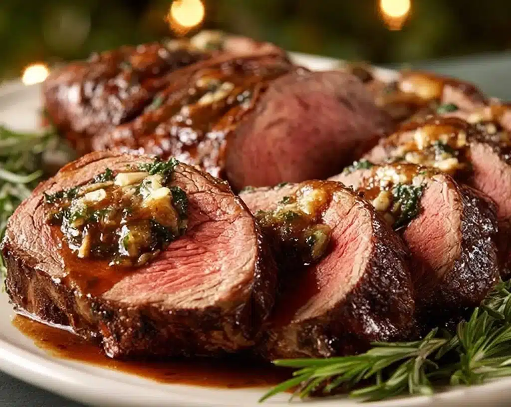 Delicious quick Christmas stuffed beef tenderloin ready for the festive dinner