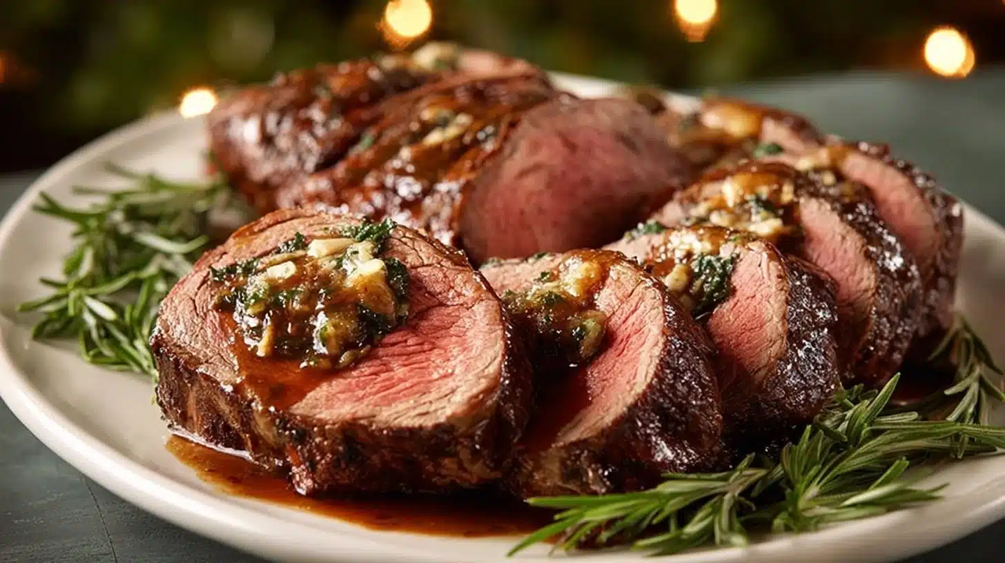 Delicious quick Christmas stuffed beef tenderloin ready for the festive dinner