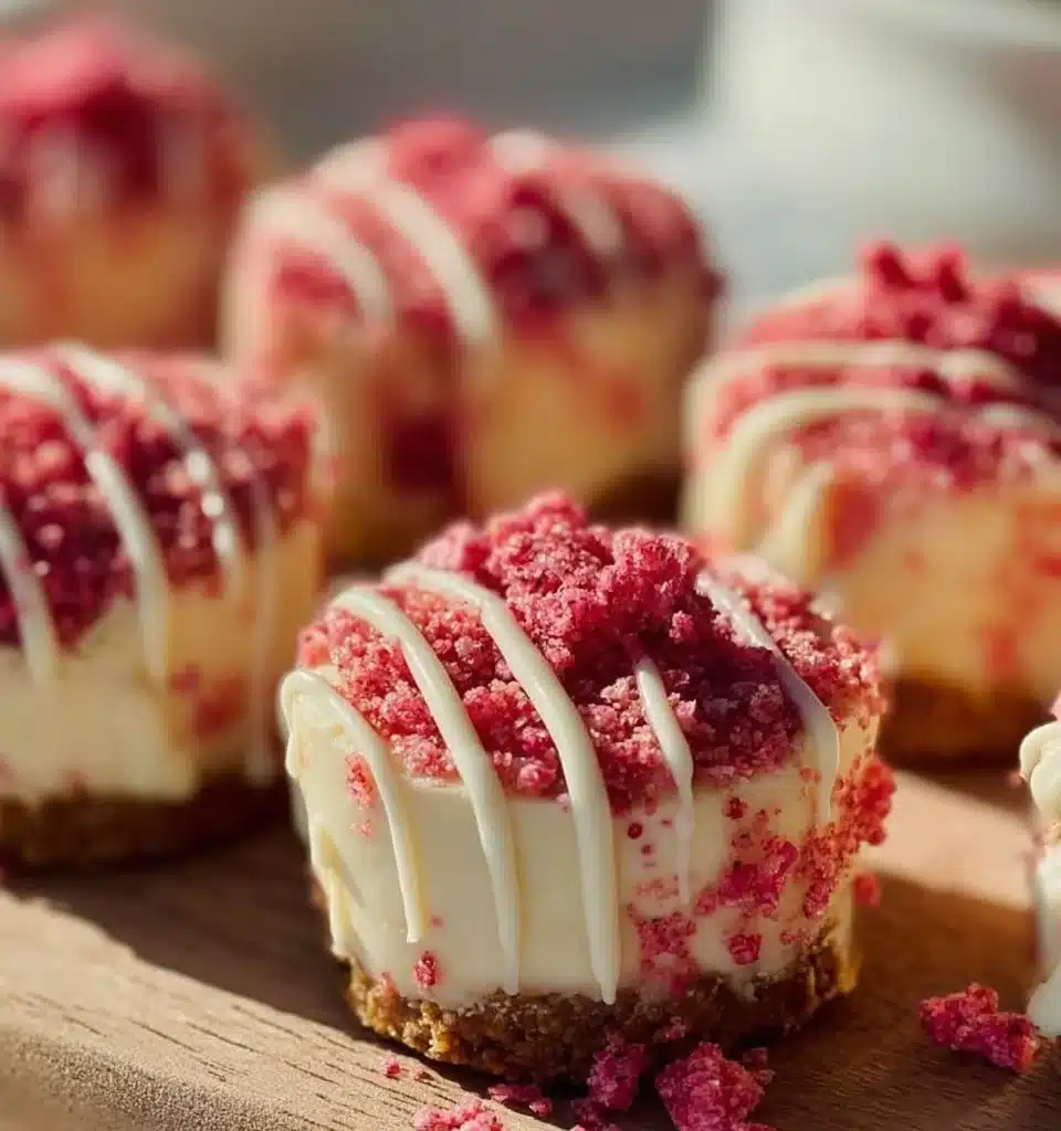 Strawberry Crunch Cheesecake Bites 4 Strawberry Crunch Cheesecake Bites arranged on a serving plate.