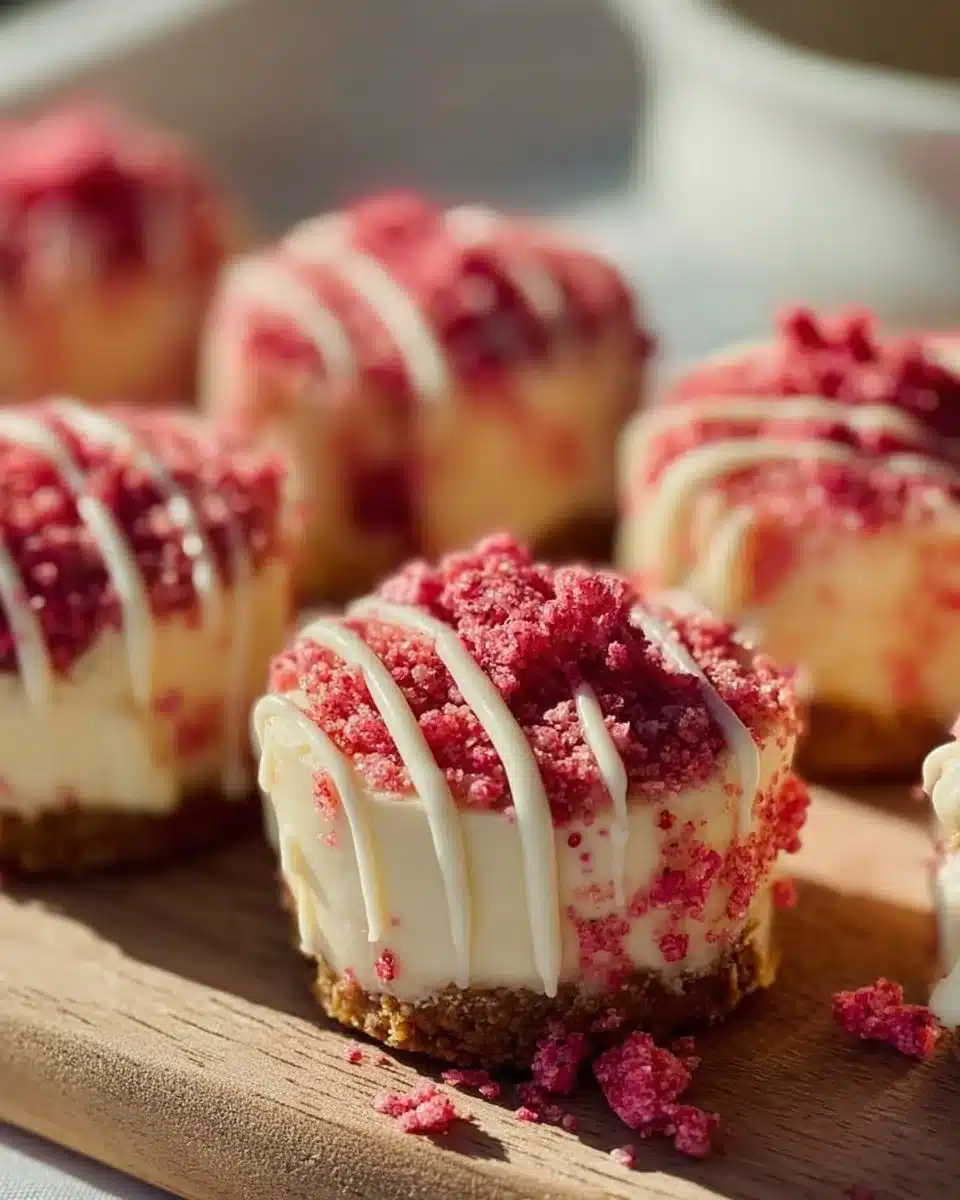 Strawberry Crunch Cheesecake Bites 3 Strawberry Crunch Cheesecake Bites arranged on a serving plate.