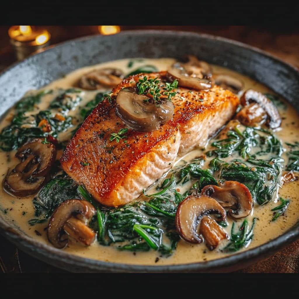 Garlic Butter Salmon with Spinach & Mushrooms in Creamy Sauce