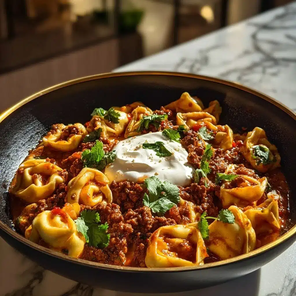 Cheesy beef enchilada tortellini dish garnished with fresh herbs.