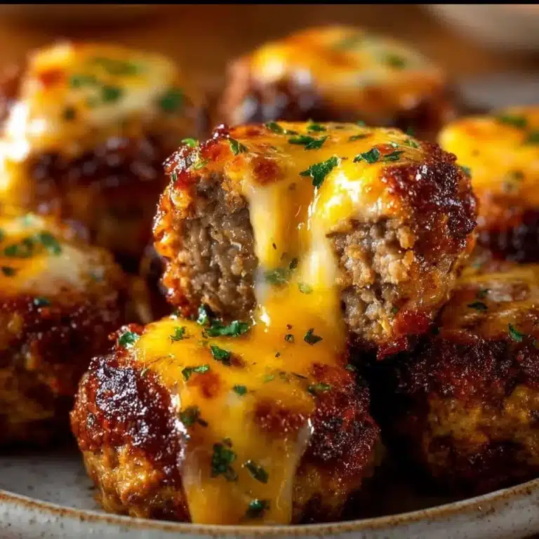 Cheesy Stuffed Meatloaf Bites 6 Cheesy stuffed meatloaf bites ready to be served on a plate.