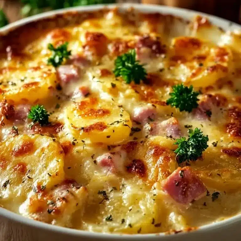 Delicious Ham and Potato Au Gratin baked with cheese and cream.