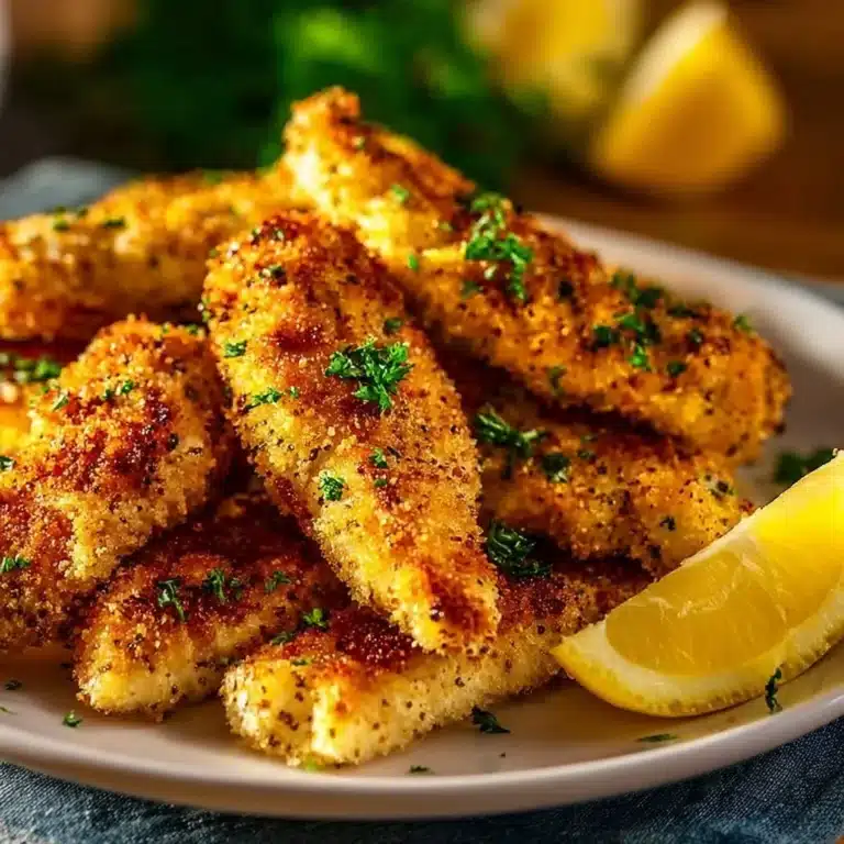 Lemon Garlic Parmesan Chicken Tenders 11 Lemon Garlic Parmesan Chicken Tenders garnished with parsley on a plate.