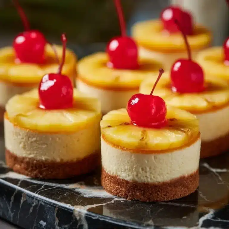 Mini Pineapple Upside-Down Cheesecakes 9 Mini pineapple upside-down cheesecakes topped with cherries and caramel