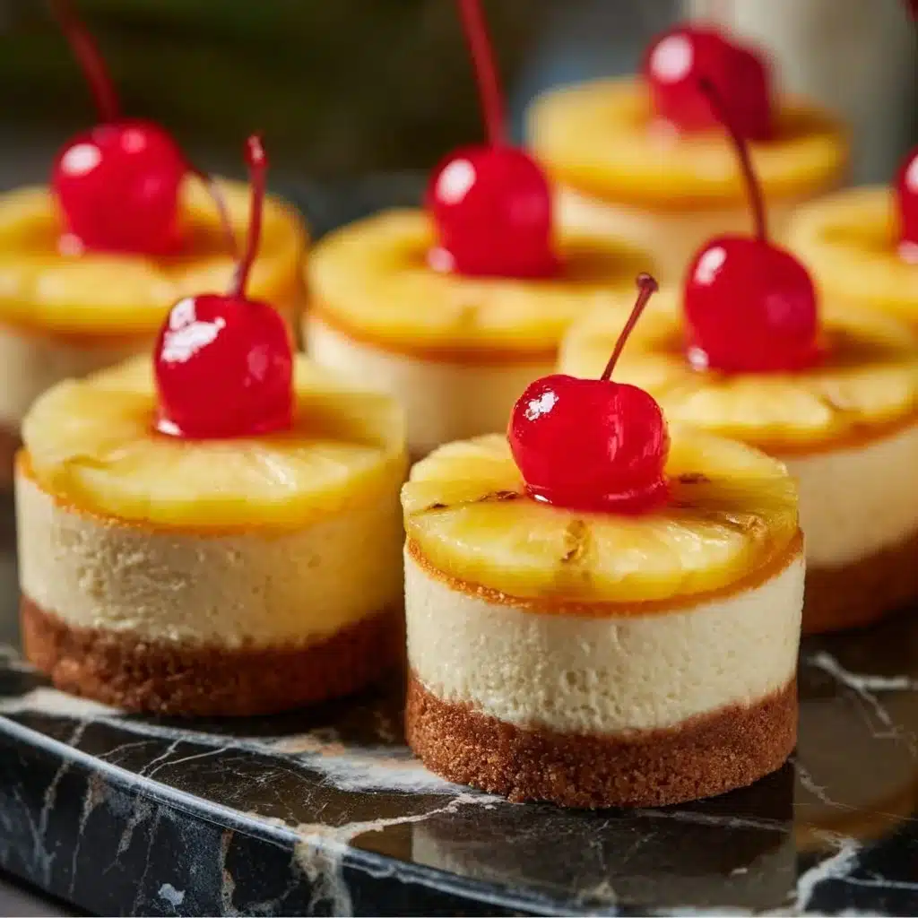 Mini Pineapple Upside-Down Cheesecakes 4 Mini pineapple upside-down cheesecakes topped with cherries and caramel