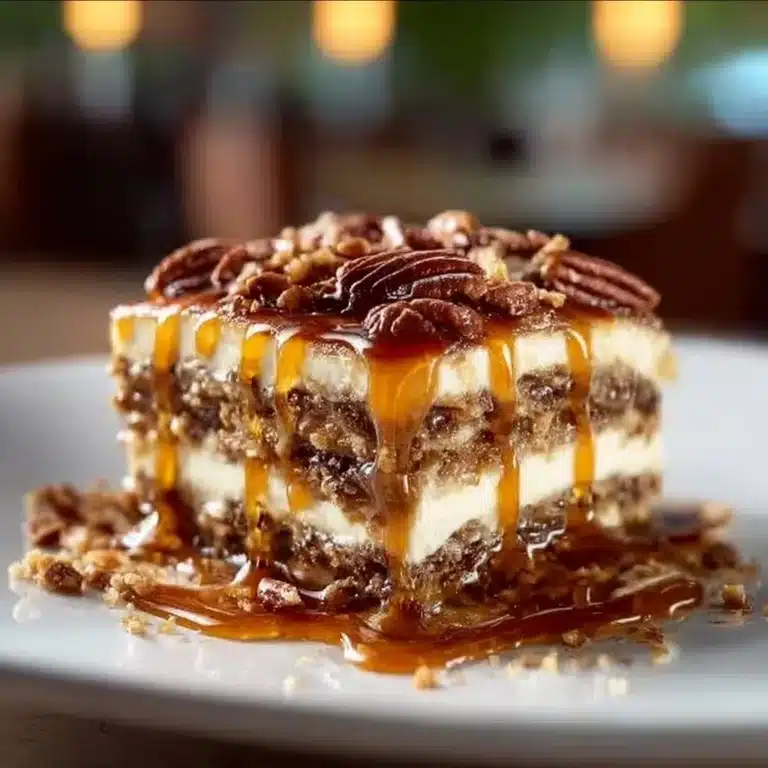 A slice of Pecan Pie Lasagna topped with whipped cream and pecans.