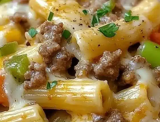 Philly Cheese Steak Pasta 9 Delicious Philly Cheese Steak Pasta topped with melted cheese and herbs.