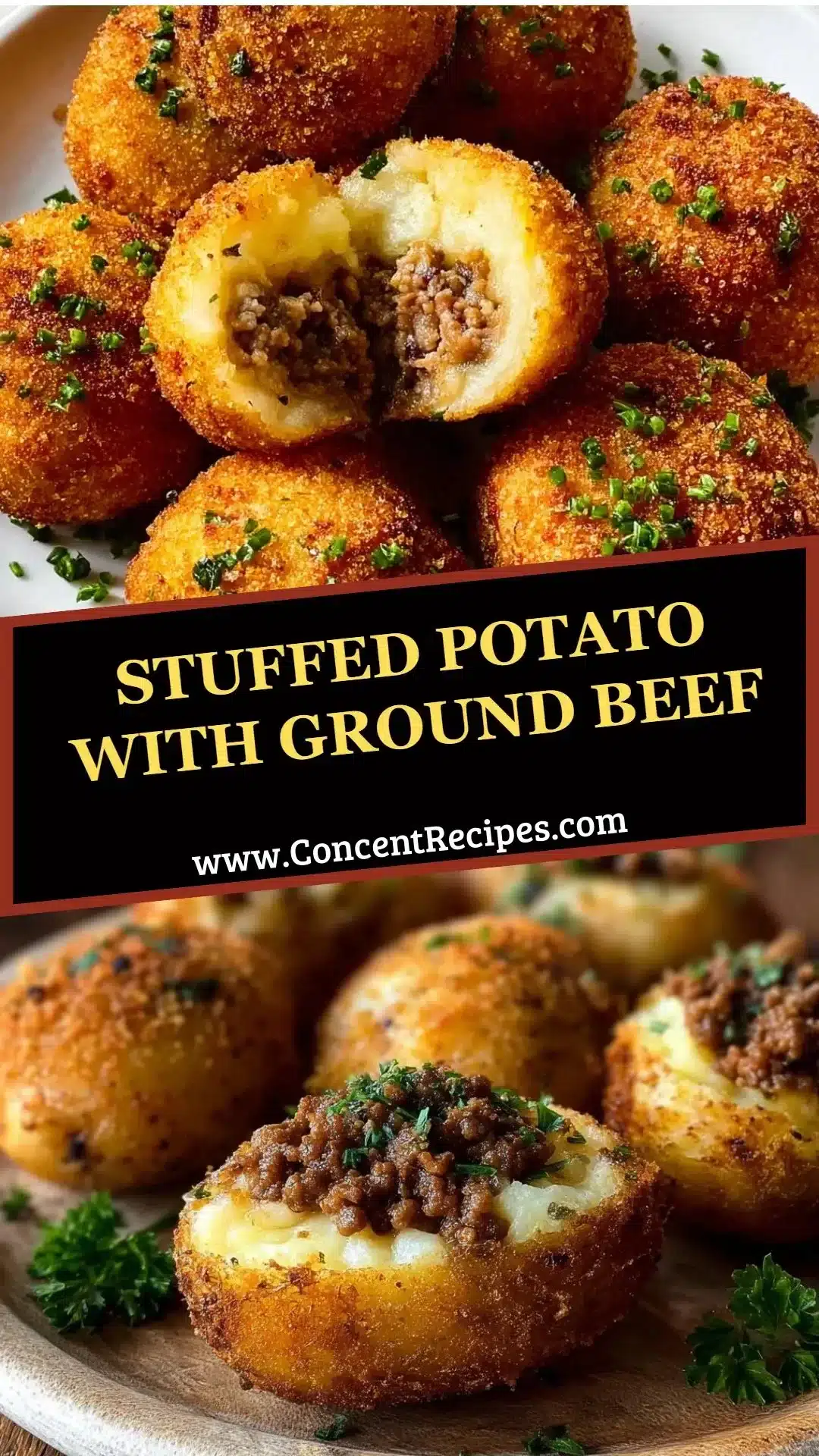 Stuffed Potato with Ground Beef 3 Stuffed potato topped with seasoned ground beef and cheese, ready to serve.